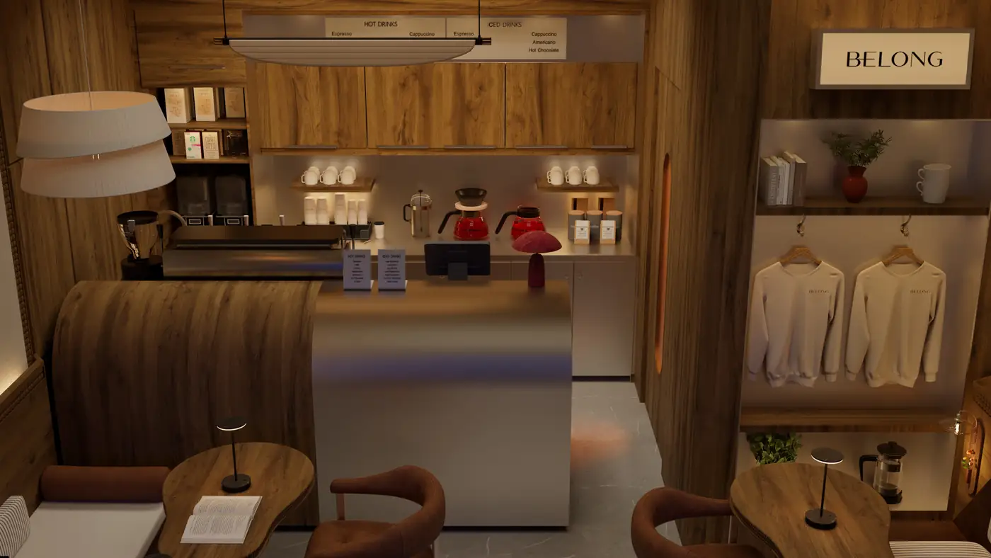 Belong café counter and merch wall