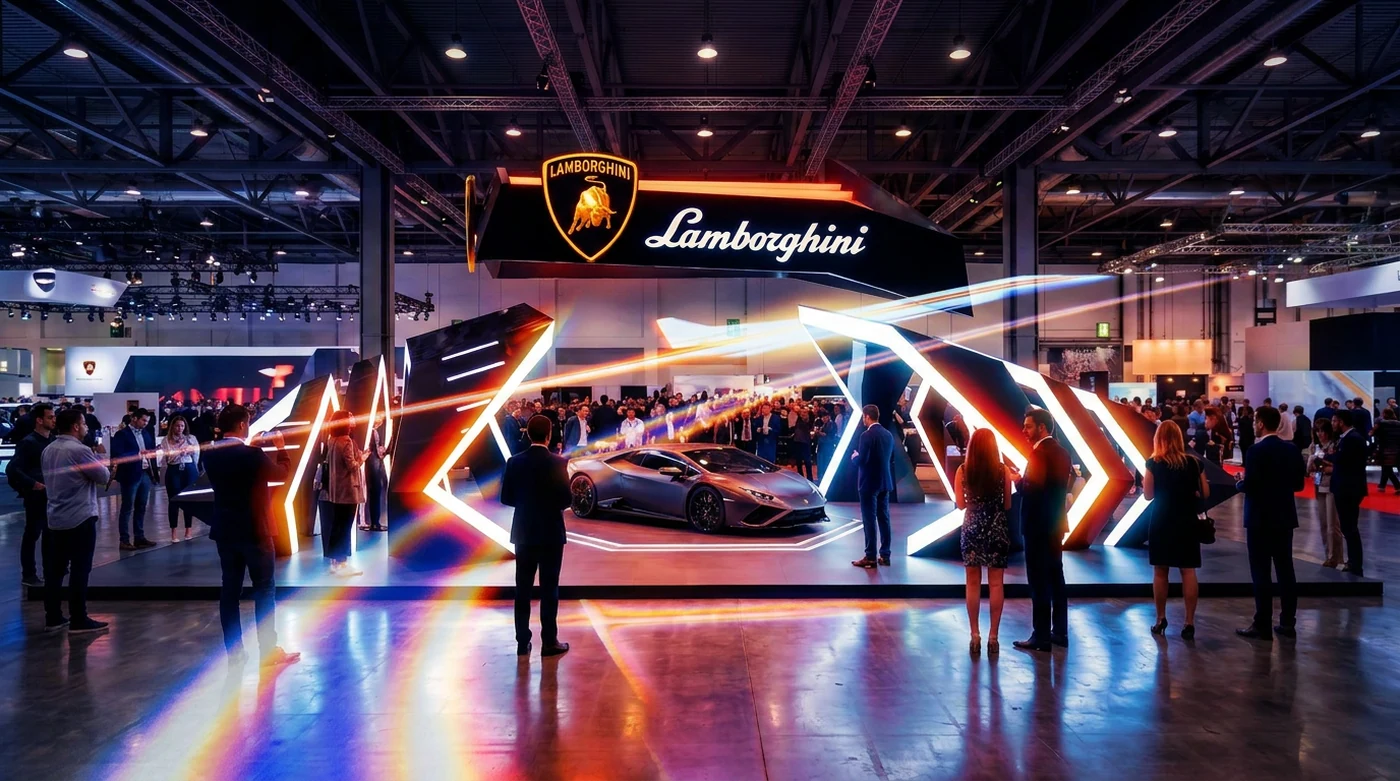 Lamborghini exhibition stand — chevron light structures around the hero car
