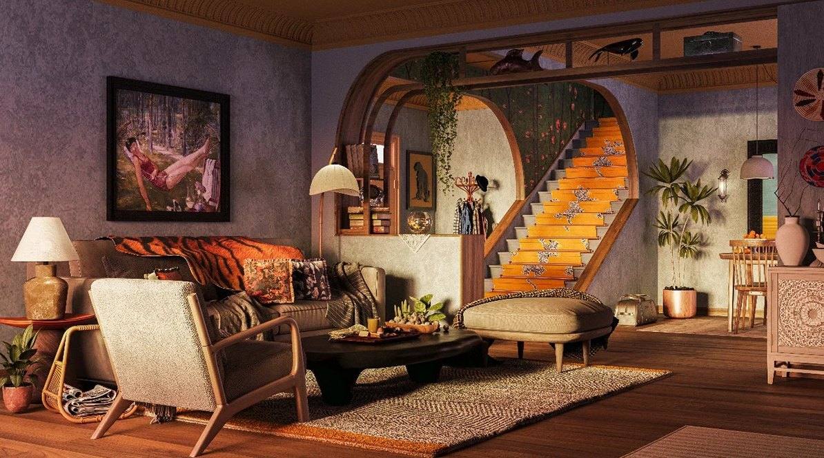 Eclectic residence living room with arched staircase